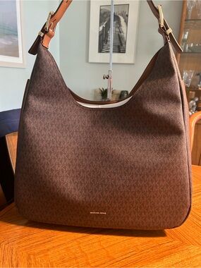 Michael Kors Brown and Tan MK Signature Hobo Shoulder Bag